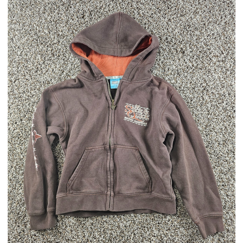 Cowboy Hardware Boys Sz L Zip Up Hoodie Brown Slick & Quick Embroidered